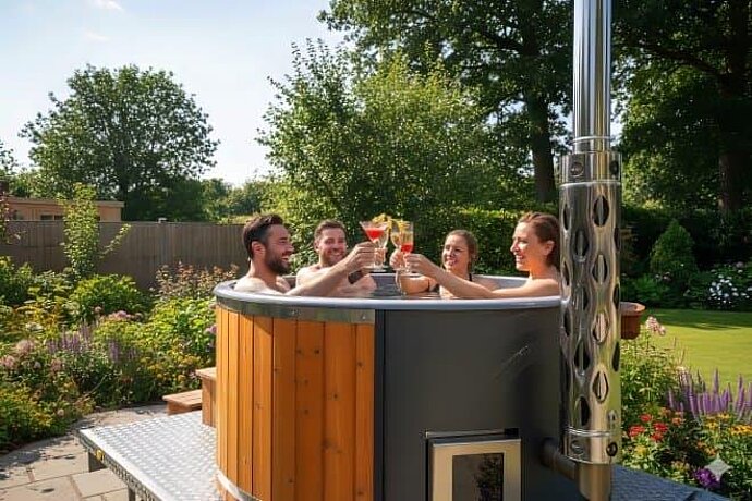 Vier Personen stoßen im Hot Tub an